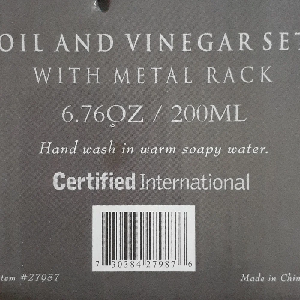 Ivory Stoneware Oil & Vinegar Set with Black Metal Rack New!